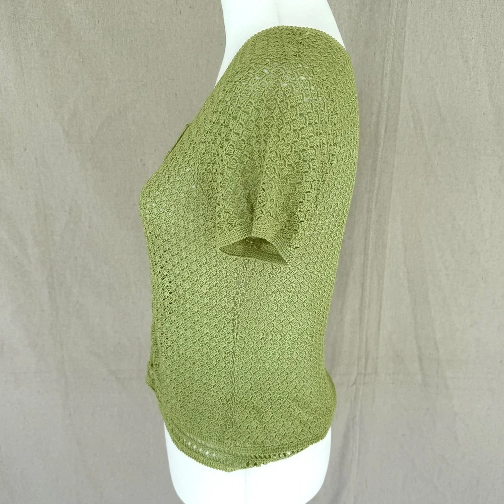 Vintage Emma James Green Crochet Short Sleeve Button Up Blouse Size S - Picture 4 of 7